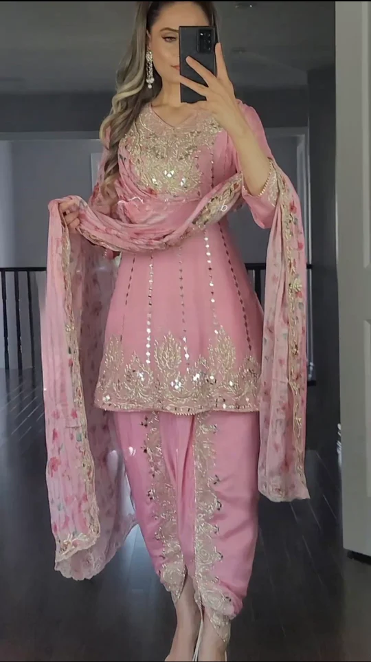 Pink Colour New Party Wear Look Top Dhoti and Print Dupatta Set