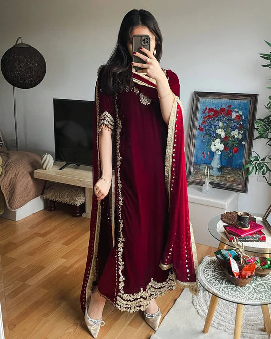 Majestic Maroon Attire with Golden Accents