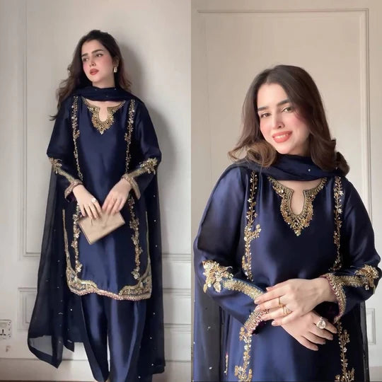 Midnight Blue Zari Bids Hand Work Full Hand Work Suit Set