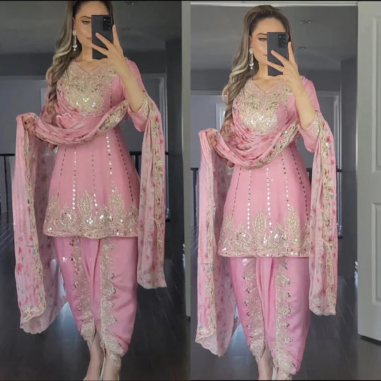Pink Colour New Party Wear Look Top Dhoti and Print Dupatta Set